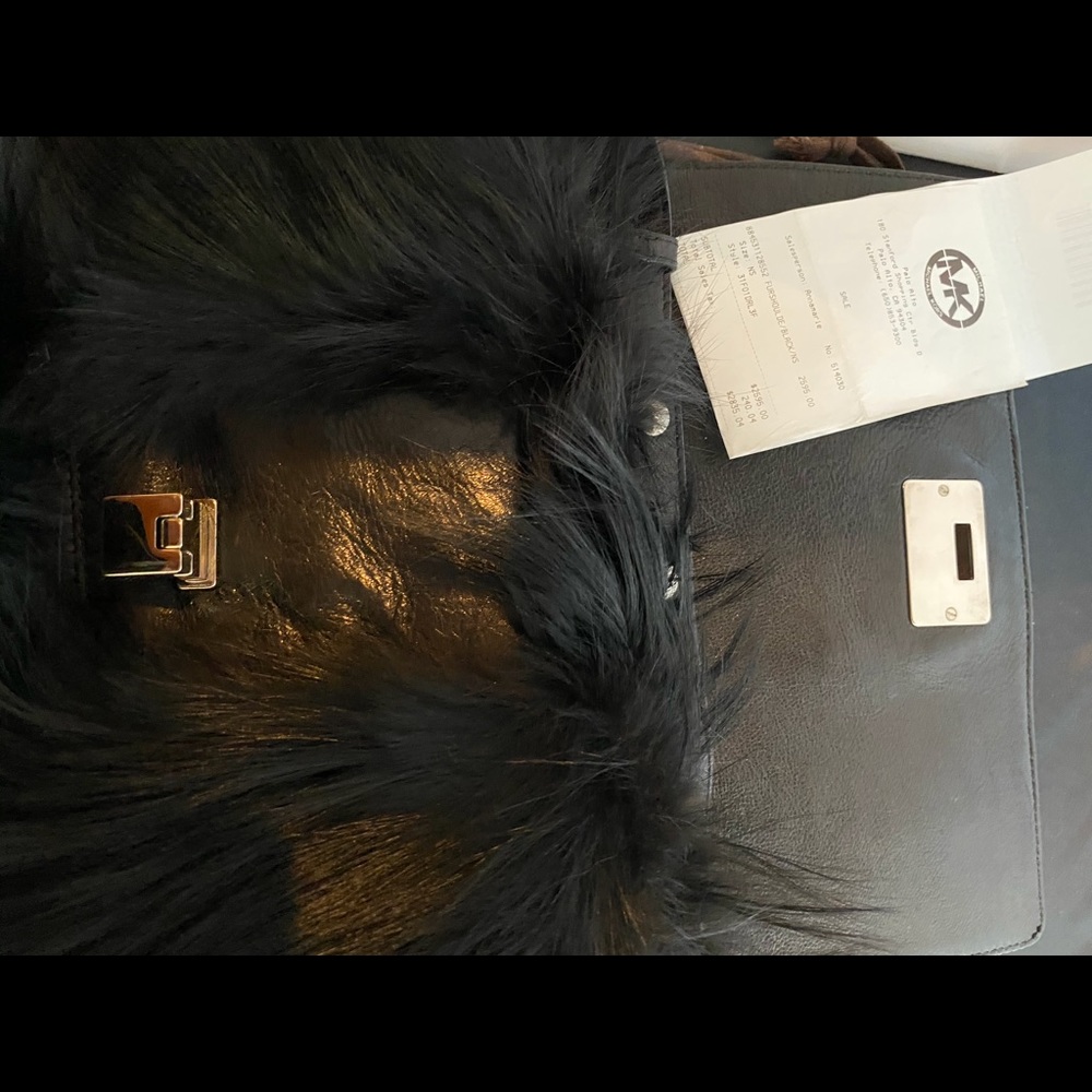 MK Jet Black Fox Fur/Black Leather Flat Crossbody - Picture 5 of 8